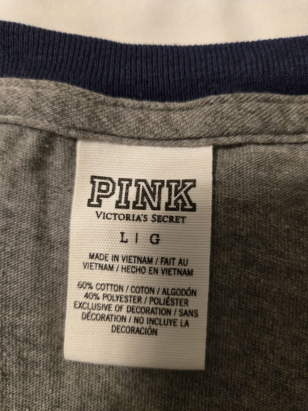 Victoria's Secret PINK Gray & Navy Blue 3/4 Sleeve Baseball Shirt Size L - Picture 3 of 4